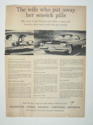 Vintage 1959 Chrysler Torsion Aire Ride Print AD No Seasick Pills