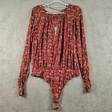 Intimately Free People Burgundy Floral Long Sleeve Ruched Bodice Bodysuit Large