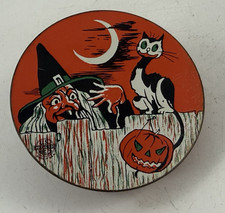 Vintage U.S. Metal Toy Mfg. Co. Halloween Noisemaker Witch  Black Cat Tin Litho