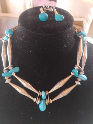 Navajo Sterling Silver Barrel Bead Necklace 17'' inch W/ Earrings! 