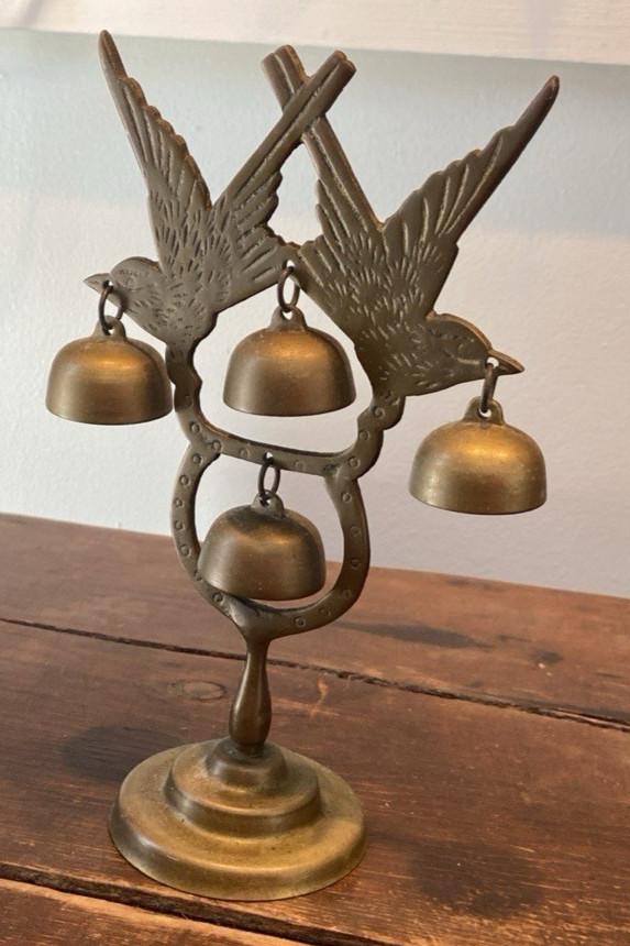 Vintage Brass Bird Motif Bell Stand 4 Hanging Bells Gong MCM Home Accents
