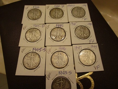 (10) DIFFERENT DATED WALKING LIBERTY HALF DOLLARS   ALL FINE+ COINS  UNSLABBED