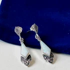 BEAUTIFUL STERLING SILVER FIRE OPAL MARCASITE DROP PIERCED EARRINGS