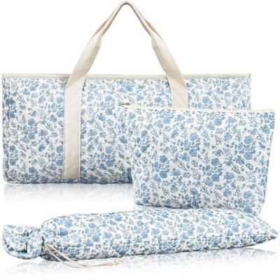 3 Pcs Quilted Empty Mahjong Bag Set, Thickened Blue Floral Carrying Bag Set w...