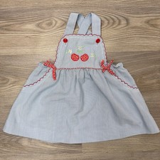 TinyTots Originals Dress Girls 4 Blue VTG Pinstriped Ruffle Pinafore Whimsical