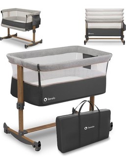 Lionelo Baby Beistellbett Grau/Schwarz in Holzoptik mit Tragetasche