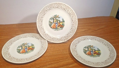 Edwin Knowles KNO605 Gold Filigree Rim People Center Salad Plates SET OF THREE