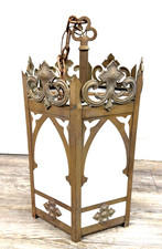 Vintage 6 Panel Gothic Medieval Hanging Light Fixture Metal White Glass Vintage 6 Panel Gothic Medieval Hanging Light Fixture Metal White Glass