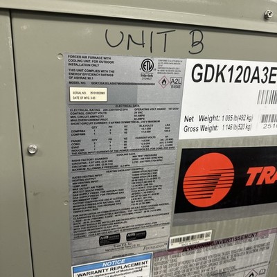 RTU TRANE GDK120A3ELA0007M A2L STILL UNDER WARRANTY USED LESS THAN 2 MONTHS