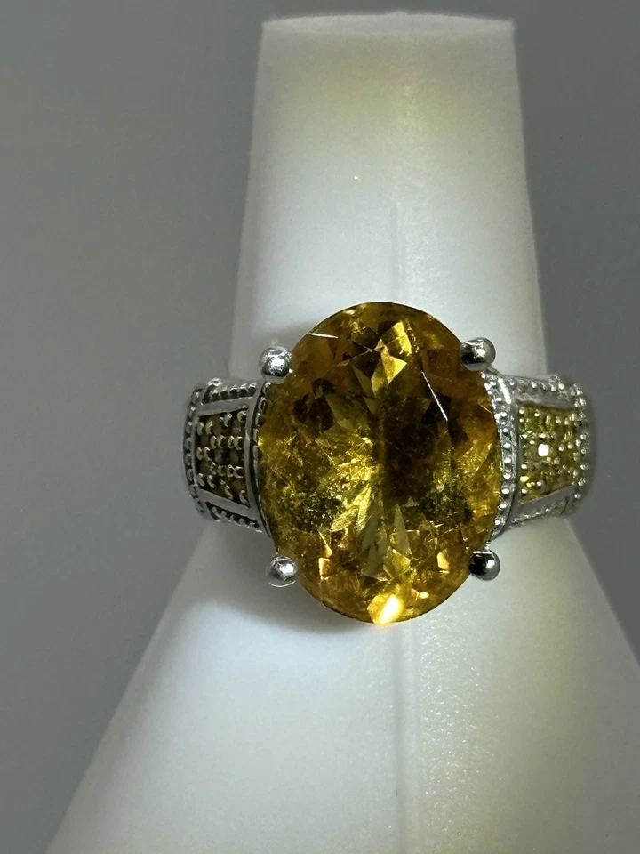 7.42CT OVAL BRAZILIAN CITRINE WITH .13CTW ROUND YELLOW DIAMOND STRLNG SLVR RING - Image 3 of 4