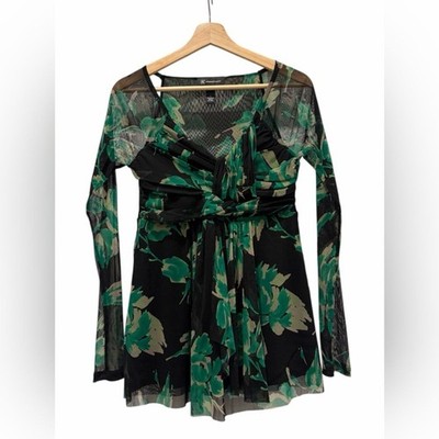 INC Green/Black Floral Mesh Fairy Grunge Babydoll Blouse Size M Goblin E-Girl