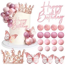 Balls Cake Toppers Happy Birthday Crown Tiara Cake Toppers for Rose Gold Pink