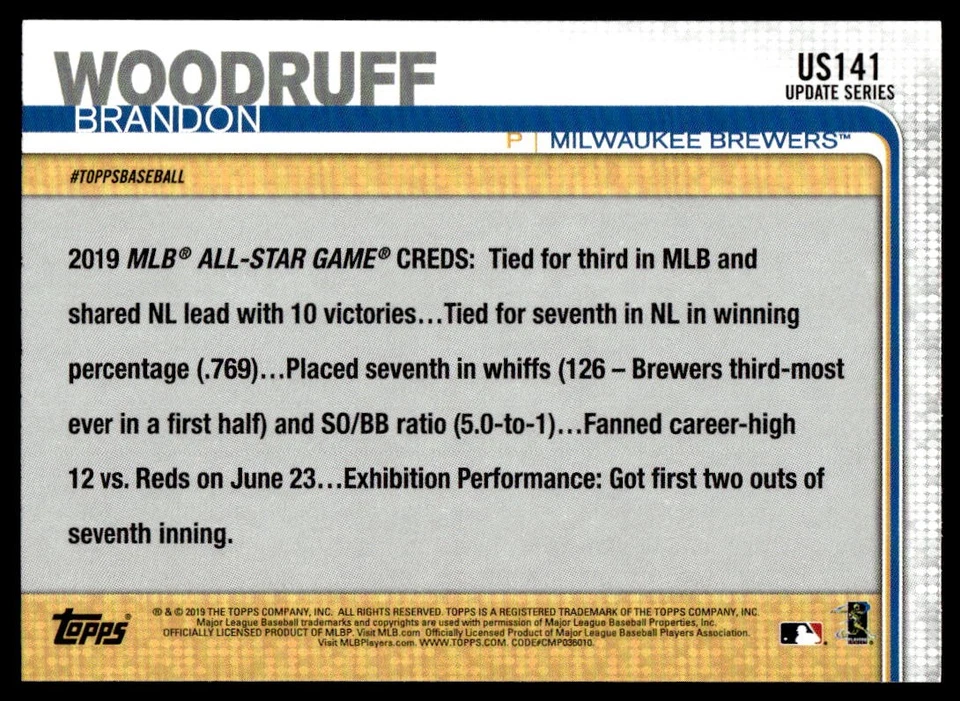 2019 Topps Update Brandon Woodruff #US141 Milwaukee Brewers - Image 2 of 2