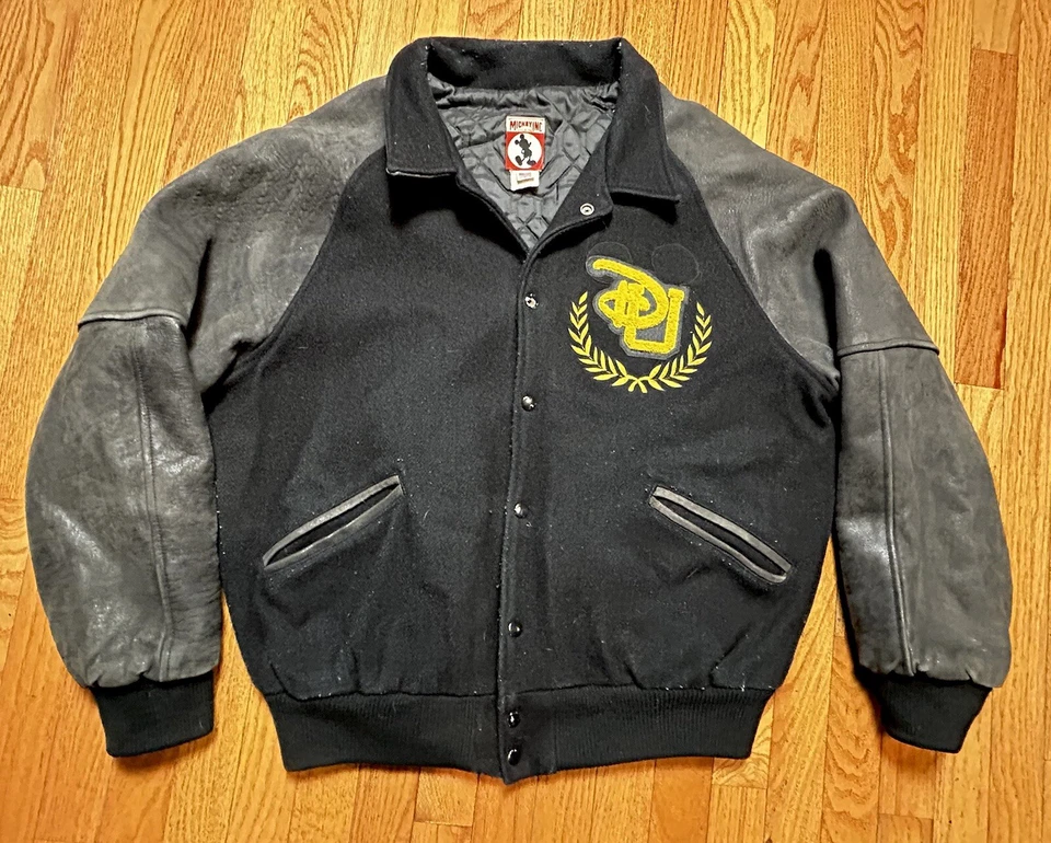 Chaqueta Universitaria Mickey Inc De Colección Años 90 Universidad Disney Lana Y Cuero Para Hombre L Foto 2 de 4