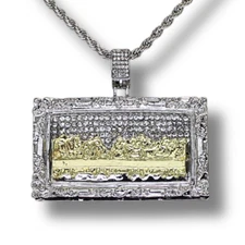 XL Last Supper CZ Pendant Silver Plated 24" Rope Necklace Hip Hop Jewelry