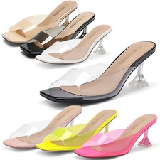 Women Heels Slide Sandals Square Toe High Heel Mule Wedding Dress Heeled Sandals