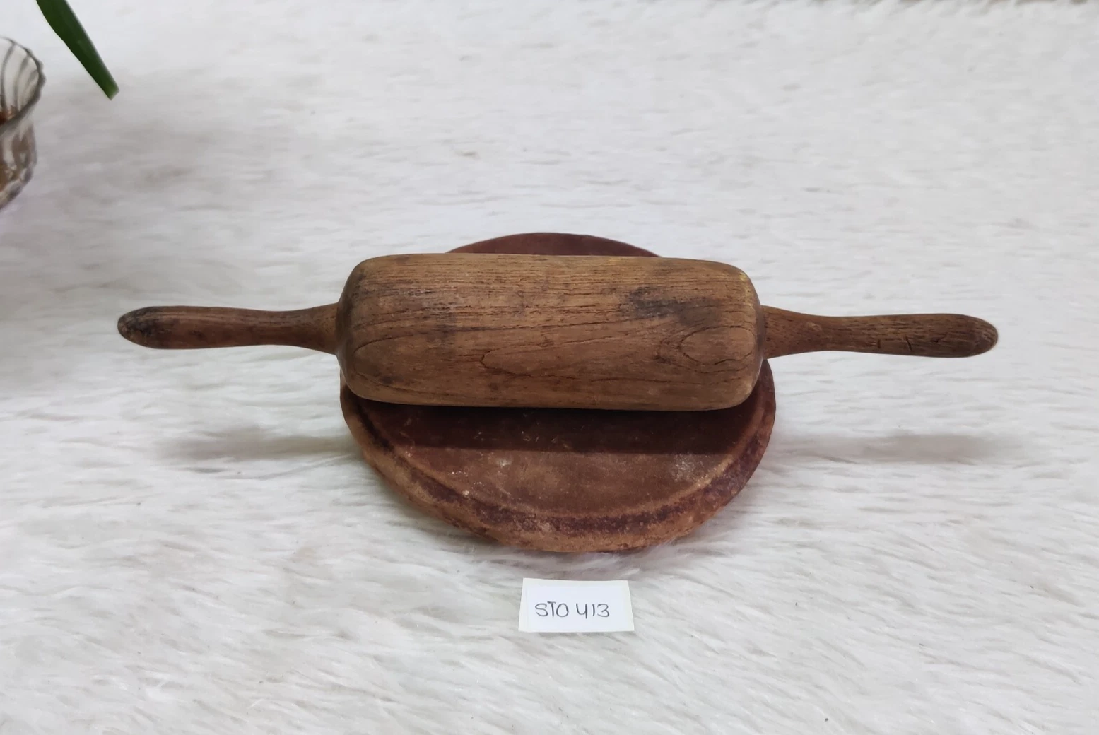 Vintage Roti Rolling Pin & Red Stone Board Indian Handmade Bread Maker STO413