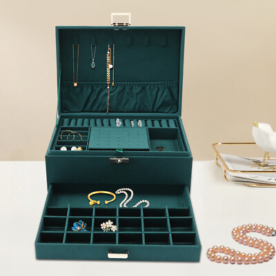 Jewelry Organizer Storage Case Flannel Jewellery Box with 2 Drawers And Lock