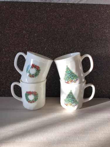 Christmas Mugs Tree & Wreath Salem Porcelle NOEL Coffee SET OF 4  Made in France