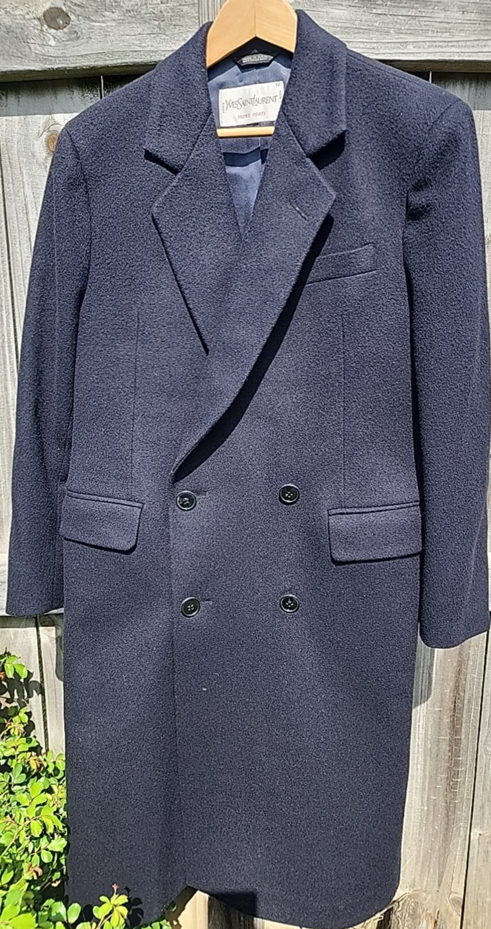 SAINT LAURENT VINTAGE Yves Saint Laurent cappotto uomo medio blu navy lana doppiopetto trench