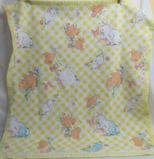 Vtg Baby Blanket Bunnies Ducks Yellow Nylon Trim
