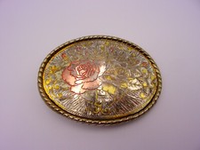 Western Belt Buckle Rose Flower Oval Silver Gold Tone W Logo Made in USA VTG