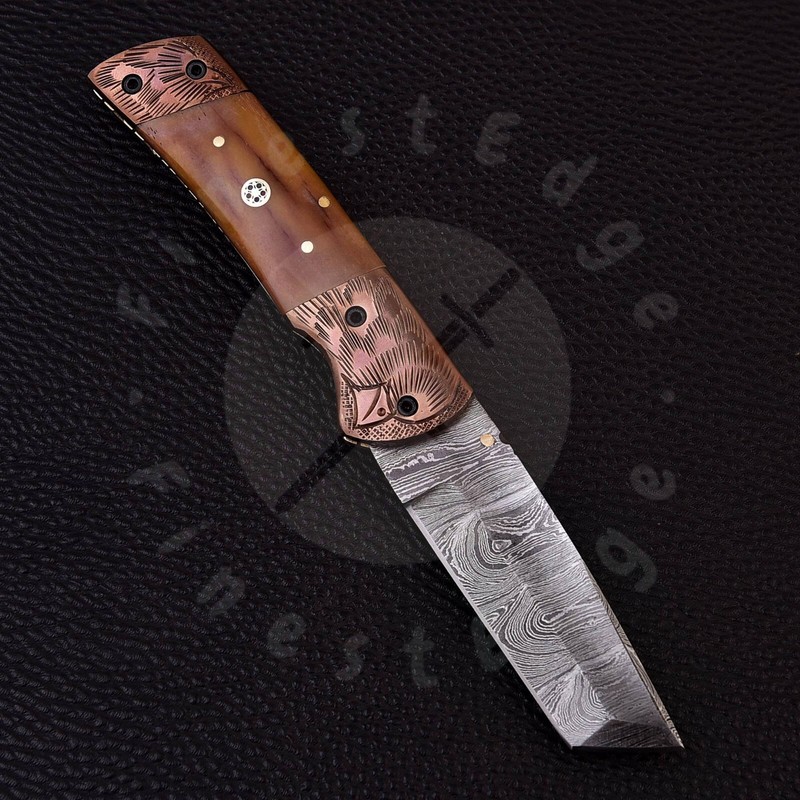 Handmade Damascus Tanto Knife Folding Pocket Knife with Leather Sheath Best Gift