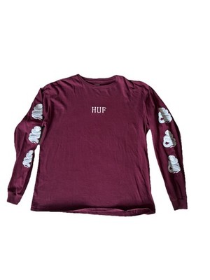 HUF Men's L Long Sleeve Crew Neck T-Shirt Burgundy Graphic Logo Cotton Jersey