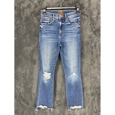 Mother The Insider Crop Step Chew Jeans Dancing On Coals Blue Distressed 24