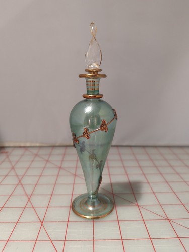 Perfume Bottle Blown Glass Bottle Green And Gold. 7.5” Tall - D - Picture 1 of 4