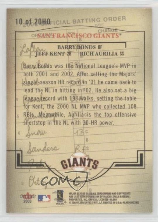 2003 Fleer Platinum Heart of the Order Barry Bonds Jeff Kent Rich Aurilia #10HO - Image 2 of 2