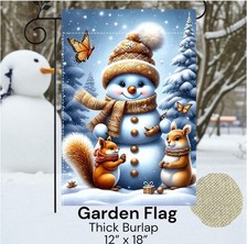 Garden flag, snowman  squirrels, 12  x 18  , thick burlap polyester doubleside