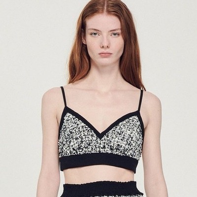 NEW w/tags Sandro Two-Tone Black Gray Tweed Crop Top FR Size 2 / US Size 6
