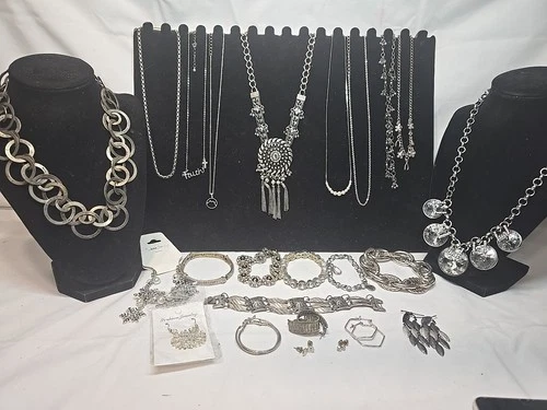 Vtg Now Silver Mixed Bulk Costume Jewelry Lot Necklaces Bracelets Earrings #1000