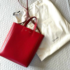 CELINE Vertical Cabas Small Red Leather Shoulder Bag Used Item Good From Japan