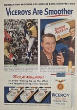 1956 Print Ad Viceroy Filter Tip Cigarettes Football Norm Van Brocklin LA Rams