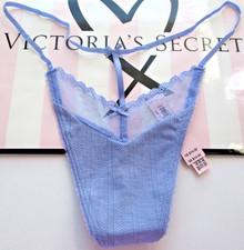 VICTORIA'S SECRET Pointelle Cotton V-String Thong Panty VS Blue Mesh Dot S L XL