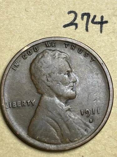 1911-S LINCOLN WHEAT CENT, rare date, "VERY GOOD" condition #274