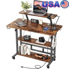 Mobile Standing Desk W/ Power Outlets USB Ports Adjustable Height Storage