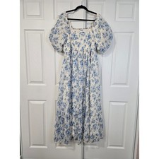 Arula Blue White Floral Puff Sleeve Maxi Dress Smocked Back Tiered Size A