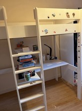 White Loft Bed with Desk and Shelves Stompa