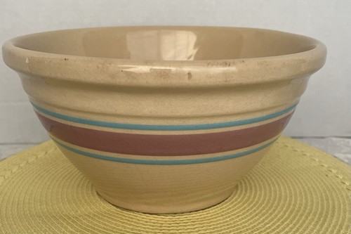 Vintage WATT Yellow Oven Ware Mixing Bowl Pink and Blue Stripe USA # 9