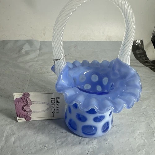 Fenton Cobalt Opalescent Coin Dot Hat Basket