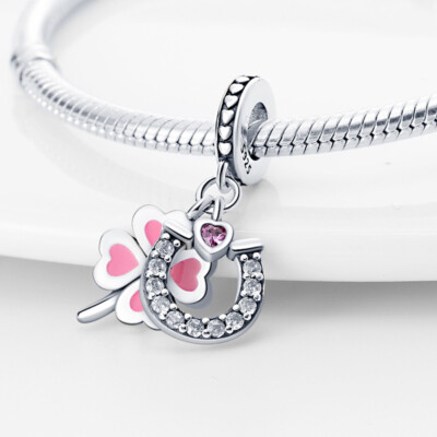 Glückliches rosa Glück Hufeisen Liebe Herz Kristall Hänger Charm Sterlingsilber 925