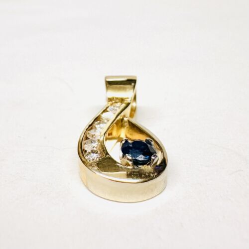 Vintage 14k Yellow Gold Blue Sapphire & .20cts Channel-Set Diamond Swirl Pendant - Picture 2 of 7
