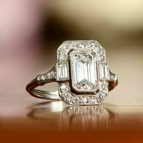 Art Deco Emerald Cut Lab Created Diamond Engagement 14Ct White Gold Finish Ring