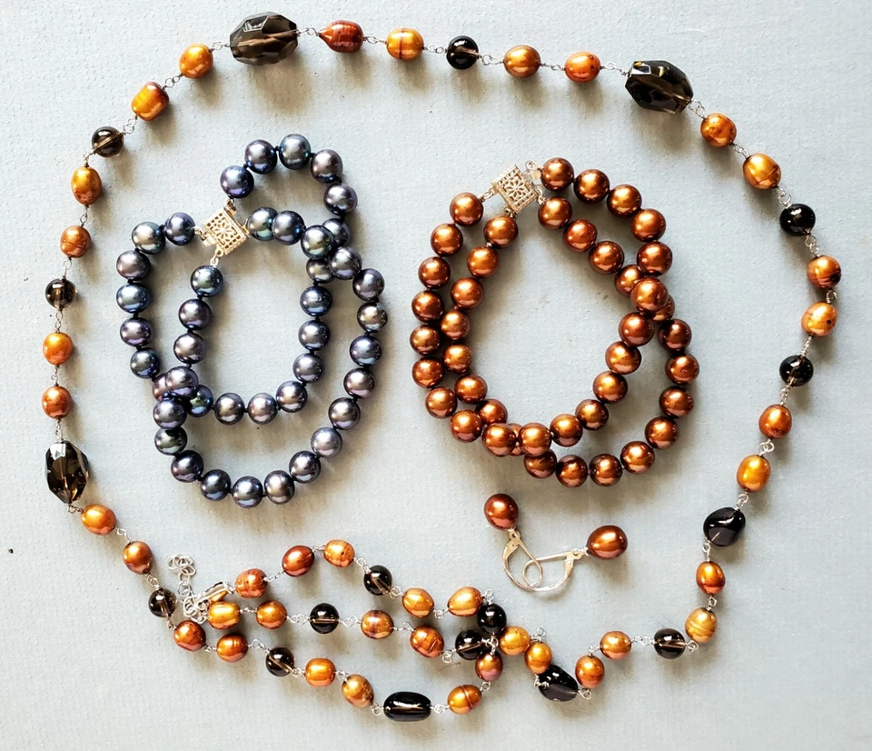 Set 1/4" Cultured Pearl Jewelry -2 Bracelets Earrings and Necklace w Smoky Topaz - Image 3 of 4