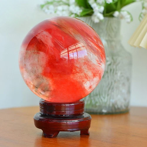 2LB Big Natural Red Smelting Quartz Crystal Sphere Healing Energy Ball W/ Stand - Foto 8 di 19