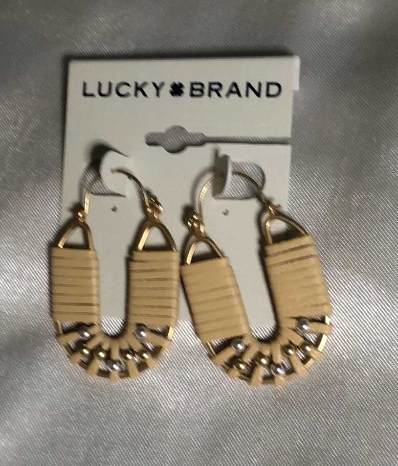 Lucky Brand Gold Tone Leather Wrapped Hoop Drop Earrings Bead Accents NWT - Image 4 of 4