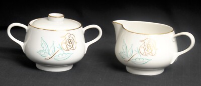 Easterling Spencerian Rose Sugar Creamer Set Teal Leaves Gold Roses Germany